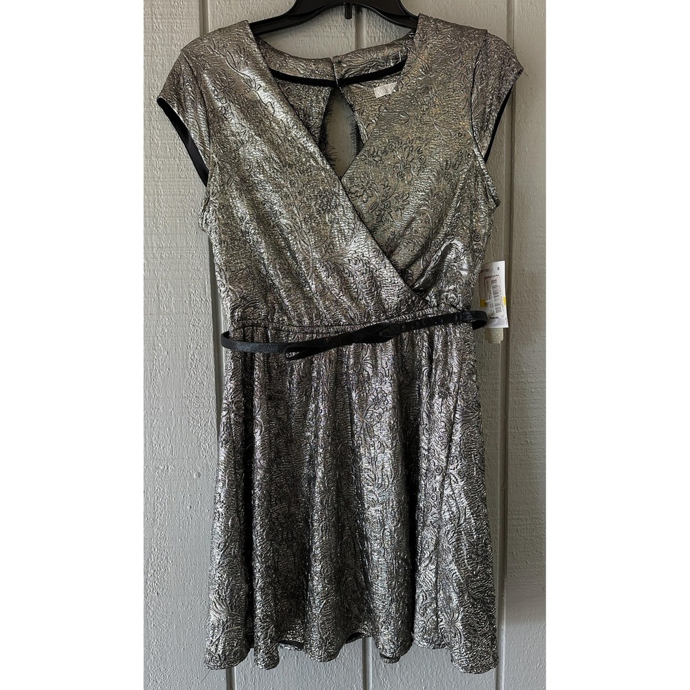 GB Dress Womens Medium Gold Metallic Jacquard Belted Skater Party GB7177EMK New